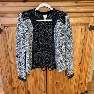 Chicos Cardigan Jacket Textured Knit Black and White Wool Blend Open Front Small